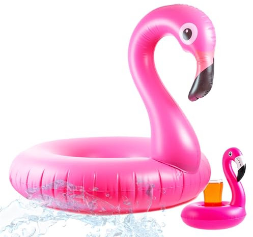 3X Aufblasbar Flamingo Schwimmring - pink mit 1x Getränkehalter - Pool & Wasser - Luftmatratze für Pool für Kinder & Erwachsene
