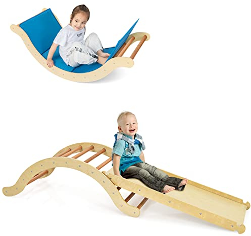 HOMASIS 3-in-1 Kletterbogen mit Rutsche, Klettergerüst Indoor mit umkehrbare Rampe & Dicker Matte, Kletterdreieck zum Rurschen, Klettern & Schaukeln, Klettergerät für Kinder ab 1 Jahre (Natur)