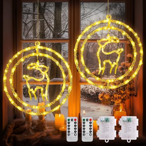 Luces Navidad Ventana, 2 Piezas 80 LED Luces de Navidad con Pilas, 8 Modos Reno Cortina de Luces Navidad, Blanco Cálido Decoración Navidad Luces LED para Interior Exterior Fiesta Jardín Balcón Árbol