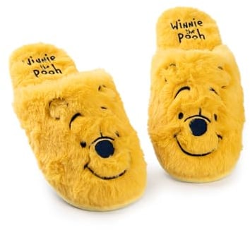 Disney l'ourson Pantoufles pour femmes | Mules d'intérieur en fourrure Winnie the Pooh pour femme (Jaune) | Chaussures de maison à enfiler avec visage de personnage brodé pour adultes et adolescents
