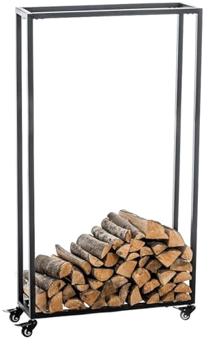 DELUKE® Kaminholzregal innen Metall BETTA - mit Rollen, 25x60x150 | Brennholzregal innen Kaminholzständer Kaminholzhalter Feuerholzregal Innen Holz stapeln Wohnzimmer