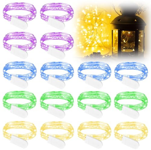 WIYETY 16 Stück LED Lichterkette: 2M Mini Lichterketten Batteriebetrieben, 4 Farbe Wasserdichte Kupfer Drahtlichterkette für Party Weihnachten Halloweent Hochzeit Weihnachten Deko(Lila Grün Gelb Blau)