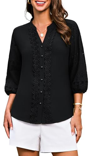 Women's Solid Elegant Blouse Button Down Casual Summer Tops V-Neck Retro Cotton Lace Blouse Breathable Hollow Wedding Shirt Black XL