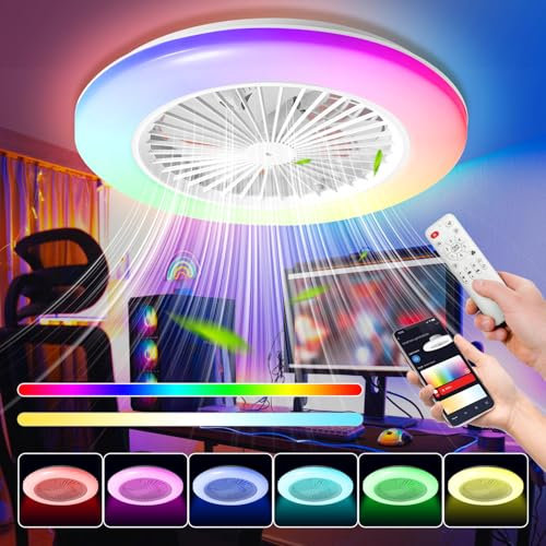 Fiqops Deckenventilator mit Beleuchtung und Fernbedienung Ø49 cm, Smart RGB LED Deckenleuchte 3 Farbtemperatur und 6 Geschwindigkeiten, Timer Sommer-Winterbetrieb Für Wohnzimmer, Weiß