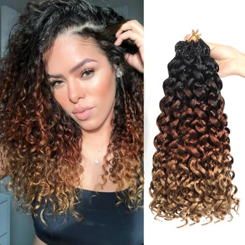 Datanala GoGo Curl Crochet Hair 12 Inch Water Wave 8 Packs Long Beach Curl Crochet Braiding Hair Synthetic Extensions For Women (T1B/30/27, 14 Inch(8packs))