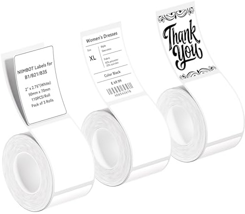 NIIMBOT 3 Rolls Labels Stickers for B1/B2/B21/B3/K2/K3/K4 Printers | Waterproof & Wear-Resistant Thermal Labels with Easy-Peel Design – 50×70mm, 110Pcs/Roll for Office, Commercial & Business