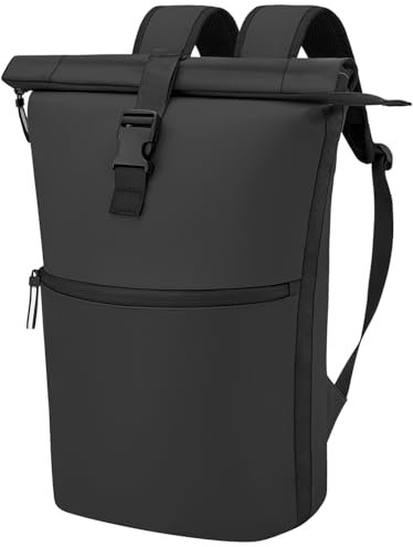 WELDUN Rolltop Rucksack für Damen & Herren, Großer 18L-27L Laptop Rucksack mit Computerfach für 17,3 Zoll Laptop, wasserfeste PU Leder Schulrucksack für Reisen Uni Arbeit Business, Schwarz