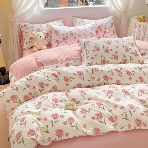 Covebett Duvet Cover Double Pink White Floral Flowers Botanical Meadow Reversible Bedding Set Pink Flower Print Microfiber Comforter Cover 200x200 cm with Zipper Closure and 2 Pillowcases 50x75 cm