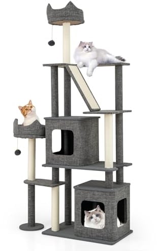 COSTWAY Kratzbaum groß, 180 cm hoch, Katzenbaum mit 2 Höhlen, Plattformen, Katzenbett, Sisalpfosten, Ball & Leiter und Sisalbrett, Katzenkratzbaum Katzen, Katzenhaus Katzenmöbel, Grau
