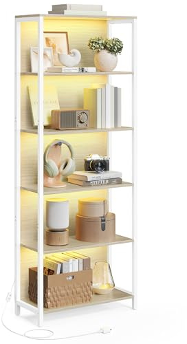VASAGLE Bücherregal mit 6 Ebenen, Standregal mit Einstellbarer LED-Beleuchtung, Regal mit Stahlrahmen, 30,3 x 60 x 178,6 cm, für Wohnzimmer, Schlafzimmer, Arbeitszimmer, naturbeige LLS120LL01