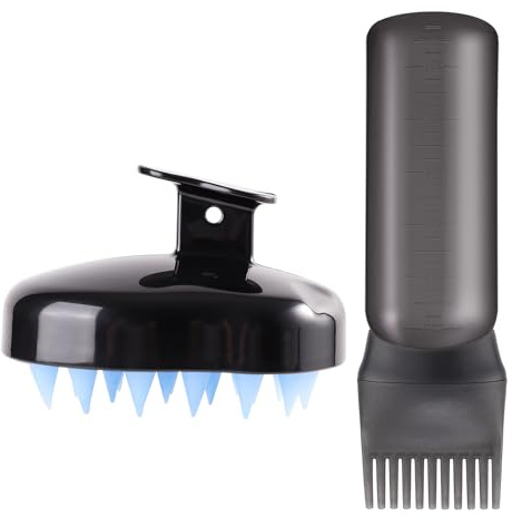 2 Haaröl Applikator, Hair Oil Applicator Bottle und Kopfhaut Massagebürste | Wurzelkamm mit Abgestufter Skala Haarfärbebürste Applikator Flasche Haare für Hair Oiling Haar Colorationen(Schwarz)