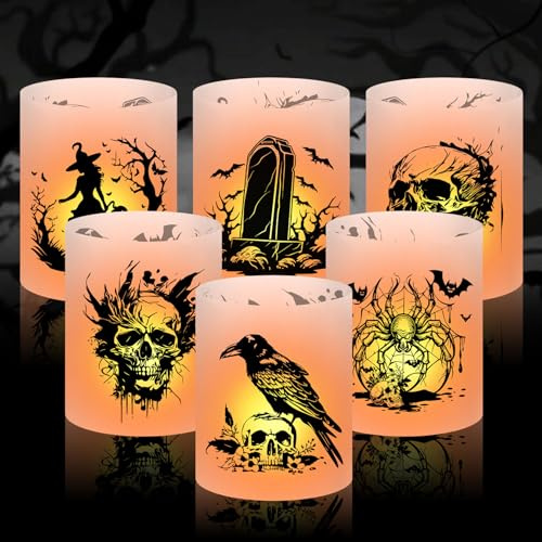Forbabe 12 Windlicht Tischdeko Halloween, Gruselig Halloween Deko Tisch Kerze Lichthülle Windlichter mit Hexe Grabstein Fledermaus Spinne Totenköpfe Motive für Teelichter/Kerzen zum Garten Party Deko
