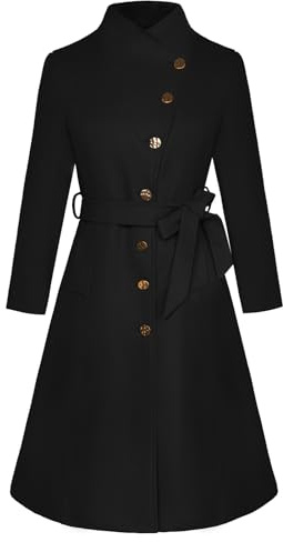 GRACE KARIN Damen Wintermantel Revers Einreihig Knielang Trenchcoat A-Linie Jacke Outwear mit Gürtel Taschen Schwarz XL