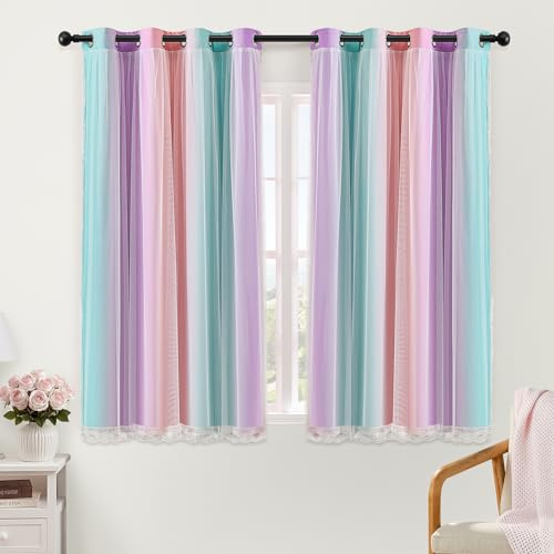 XiDi Blackout Curtains 54 Inch Drop Bedroom Eyelet Drapes 2 Panels | 2 Panels Thermal Insulated Bedroom Curtains for Room Darkening Privacy Protection Rainbow Unicorn Eyelet Drape Pink Purple