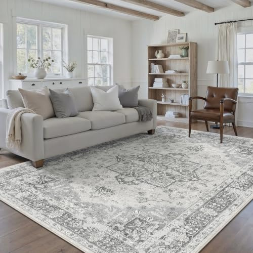 PureCozy Grau Vintage Teppich Wohnzimmer 160x230cm Waschbar | Waschbarer Teppich, Weich Rutschfest, Kurzflor im Retro, für wohnzimmerteppich Schlafzimmer Esszimmer, Groß Teppich