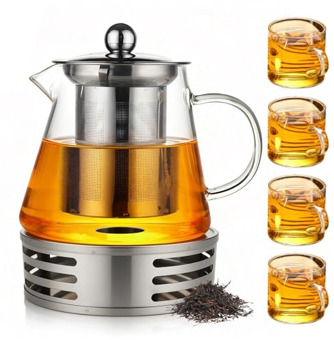 Teteras de Vidrio con Infusor, 1300ML Tetera de Cristal Borosilicato con 4 Tazas Tetera de Cristal para Hornillo con Calientaplatos Tea Pot Transparente Cristal para Té Hojas Sueltas Frutas Flor