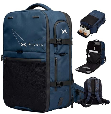 PICSIL Horizon Cabin‑Rucksack 26–33L, USB‑Port, 15,6 Laptopfach - Navy | 47x29x18,5cm Handgepäck. 180° Öffnung, Trolley‑System, Laptopfach, RFID‑Schutz & wasserfestes Nylon. Modular-Design.