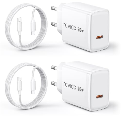 RAVIAD 20W Caricatore USB C, Caricabatteria Tipo C con Cavo USB C 2M | 2 Pack Caricabatteria Carica Rapida Per iPhone 17 16 15 Pro Max, Galaxy S25 S24, iPad Pro, Alimentatore Tipo C Ricarica