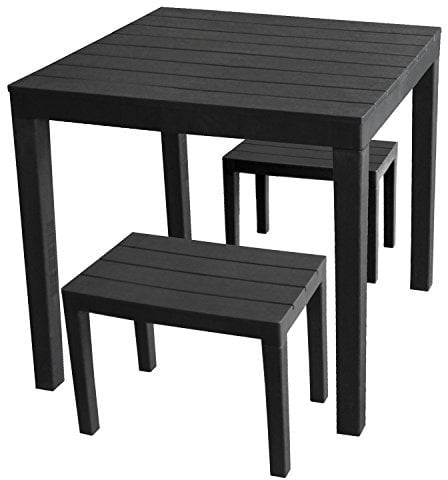 Multistore 2002 3tlg. Gartengarnitur Gartentisch Bali 78x78cm + 2X Hocker Timor Kunststoff Holzoptik Anthrazit