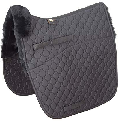 Merauno Echtes Lammfell Satteldecke Lammwolle Schabracke Dressur- und Spring-Eventing-Pad mit Lammwolle und gesteppter Baumwolle (DR(Dressur,Schwarz mit Schwarz Lammwolle)