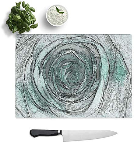 Glass Chopping Board - Mint Green Rose in Abstract - Textured Worktop Saver Cutting Board - Heat Resistant, Shatterproof and Hygenic - 28.5 x 20 cm