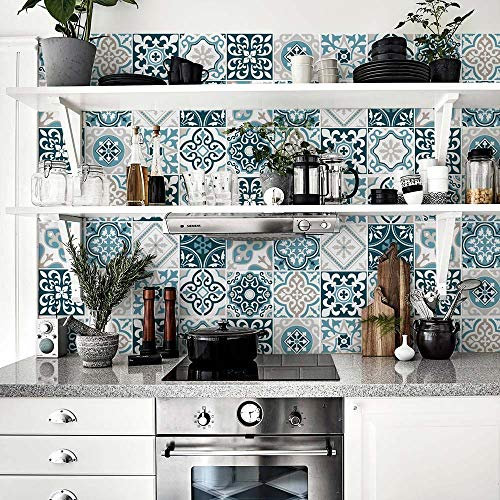 RE-COVERTILES - Autocollants Carrelage Salle de Bain et Cuisine 10 Pcs 20x20 cm - PS00206 Décoration murale en carrelage mosaïque PVC imperméable style carreaux de ciment Azulejos