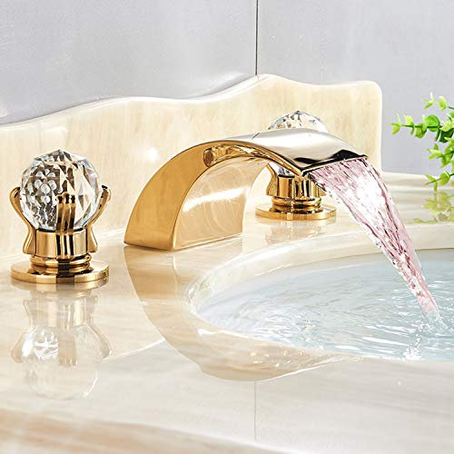NeierThodore Robinet de salle de bain à LED large cascade or poli robinets de lavabo mitigeur 2 boutons en cristal 3 trous