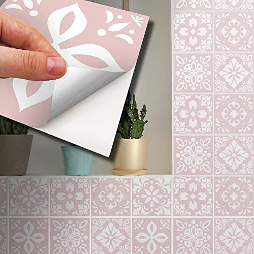 WALPLUS 15cm 48 pcs Sevilla Light Pink Wall Tile Stickers Peel and Stick Backsplash Self-Adhesive Vinyl Home Decor DIY Living Room Splashbacks Spring Easter Decoration Tile Paint Stick on Tiles Ideas