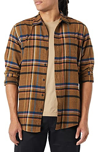 Amazon Essentials Herren Langarm-Flanellhemd, Braun Schwarz Plaid Mischen, XL
