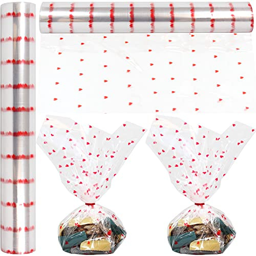 Zellophanfolie mit Herzen, 30 m lang x 40,6 cm breit, 2,3 mm dickes, kristallklares Cellophan mit Herzen, Geschenke, Körbe, Blumen, Leckereien, Zellophan-Geschenkpapier, Herz-Design, Zellophan für