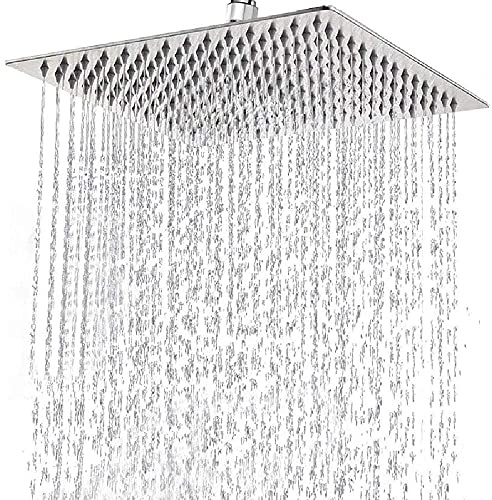 High Pressure Rain Shower Head 12 Inch, 304 Stainless Steel Large Powerful Rainfall Showerhead for Bathroom, Self-Cleaning Overhead Fixed Square Shower Head, Easy to Install,