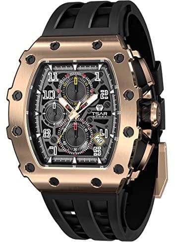 TSAR BOMBA Uhren Herren Luxus Armbanduhr Herren Chronograph 50M Wasserdicht Saphirglas Japan Quarzwerk TMI VK67 Silikonband Klassisches Tonneau Leuchtendes Kalender Männer Uhr