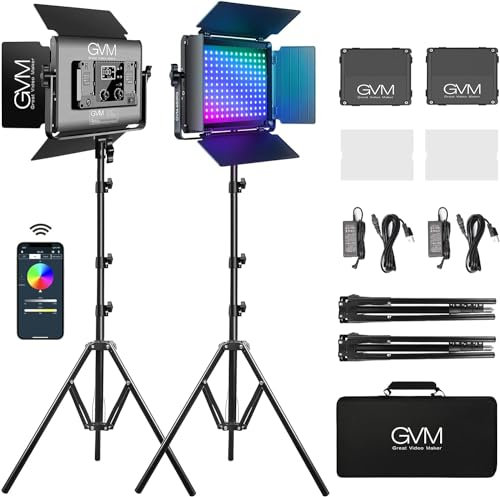 GVM 680RS RGB LED Videolicht Panel mit Lichtstativ Set, 2er Pack 50 W Fotolicht mit APP Steuerung, 3200K-5600K 8500Lux/0,5 m Studio Videoleuchte mit 18 anwendbaren Szenen für YouTube Studio, Video