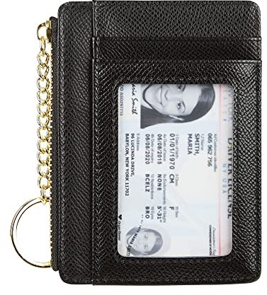 Women's Slim Minimalist Card Holder Coin Changes Purse Keychain Front Pocket Wallet with ID Window, Black ID