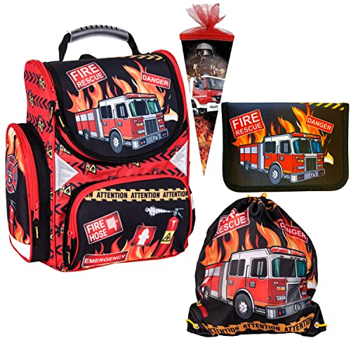 Goldkids Feuerwehr Firefighters Schulranzen Grundschule ergonomischer Ranzen Federmappe Federtasche Federmäppchen ohne Inhalt Turnbeutel Zuckertüte 4er Set Fire