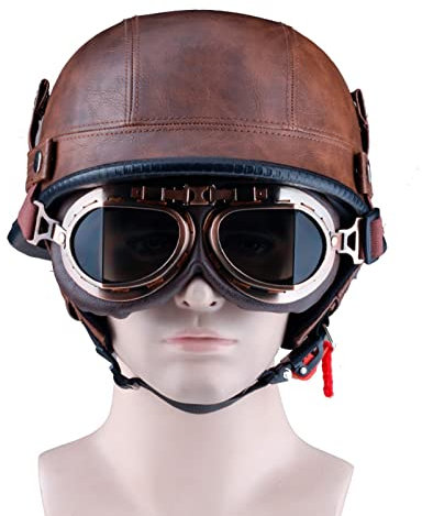 XDKJ Tedesco retrò Caschi da Moto, ECE DOT Omologato Pelle Marrone Casco Scodella Casco Mezzo Aperto, Chopper Cruiser ATV Universale Aperto Faccia Casco (Size : L)