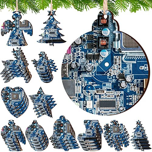 40 Stück Weihnachtsschmuck Computer Blau Motherboard Prozessor CPU Holz Weihnachtsbaum Ornamente IT Geschenke Weihnachtsbaum Dekorationen Rustikale Hängedekoration für IT Ehemann Sohn Freund Vater