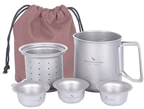Boundless Voyage Titanium Teapot Coffee Mug Set with Folding Handles for Open Fire on the Stove (Ti3126D/500 + 40 ml)