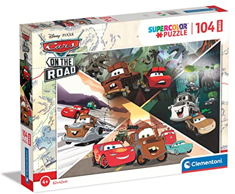Clementoni - 23774 - Supercolor Puzzle - Disney Cars On The Road - Puzzle 104 Maxi Teile Ab 4 Jahren, Buntes Kinderpuzzle Mit Besonderer Leuchtkraft, Geschicklichkeitsspiel Für Kinder