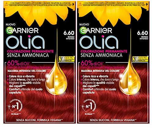 Garnier Olia Permanente Haarfarbe, ohne Ammoniak, Färbung mit Blütenölen natürlichen Ursprungs mit aufhellender und pflegender Wirkung, Farbe 6.60, Intensives Rot, 2 Packungen
