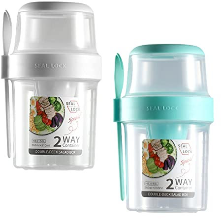 DULKET Overnight Oat Container with Lid, 2pcs Breakfast Container Cereal Cup, Portable Sealed Overnight Oat Jar for Store Salads, Cereals and Yoghurt