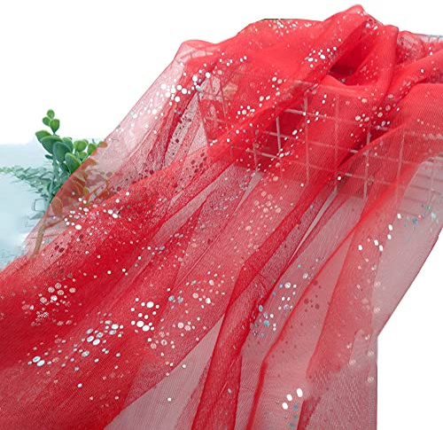 Wambere 160cm x 1m Tüll Stoff,Glitzer Tüll Dekostoff mit kleine Pailletten Dekostoff Tüll Stoff für Hochzeit Party Bankett Deko Handwerk Hochzeit Tischedeko Geschenk Bogen Dekostoff,Rot