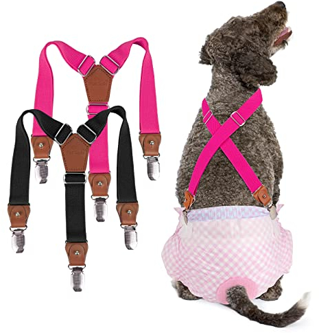 Pet Soft Hundewindel-Hosenträger, 2 Stück Hunde-Hosenträger, Hunde-Windelgeschirr, Hosenträger für Windeln, Damen, Welpen-Hosenträger, Bauchbänder, Haustier-Kleidung (Schwarz-Rosa, M)