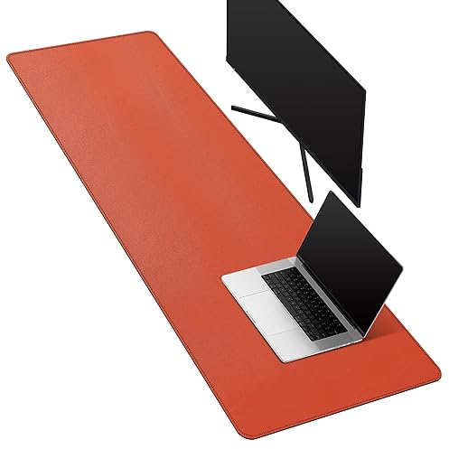 Schreibtischunterlage Leder, 140 x 60cm Doppelseitig Tischunterlage, PU-Leder Mauspad xxl, Wasserdichte Schreibunterlage auf Schreibtischen, Büro und Zuhause Tischunterlage (Orange)…