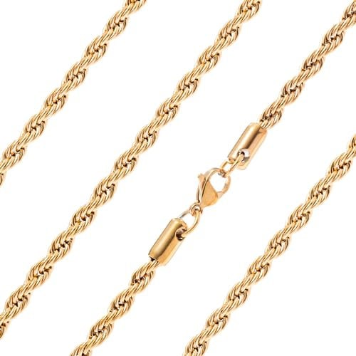 Ardú Mens Gold Rope Chain - 20 inch, 4mm Stainless Steel Gold Plated | Waterproof & Tarnish Resistant | Heavy Jewellery for Men