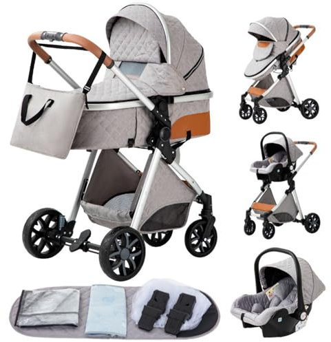 YAZOCO kinderwagen 3 in 1,Kombikinderwagen reisesysteme mit tragbar Wickeltasche Moskitonetz Regenschutz Fußsack, Zusammenklappen, Liegeposition Hohe Landschaft (4 Silbergrau)