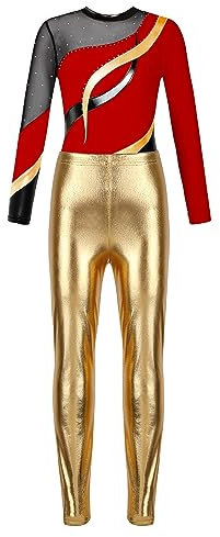 Oyolan Kinder Turnanzug Mädchen Glänzende Gymnastikanzug Leotard Langarm Trikot Gymnastikbody mit Leggings Tanzbekleidung Rotes Gold 134-140