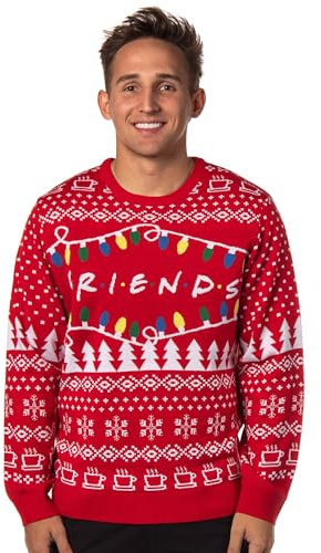 Friends TV Series - Maglione da uomo con logo e luci natalizie, Rosso, XL