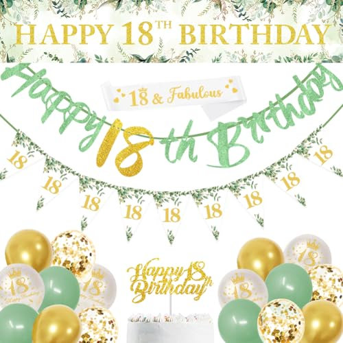 Sage Green 18th Birthday Party Decorations - Happy 18th Birthday Banner, Triangle Flag, Confetti Balloons