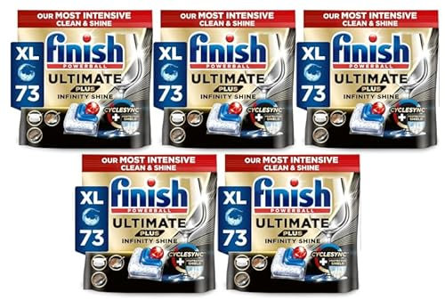 Finish Dishwasher Tablet, Ultimate Plus Infinity Shine, 365 Tabs (73 x 5pck), Fresh Scent, Tough on Grease, Our Most Intensive Clean & Shine, Effective for Short Eco Cycle